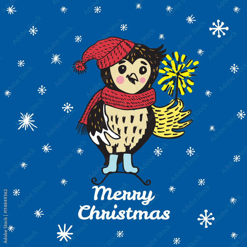 Fototapeta premium Christmas card with hand drawn owl with sparkler