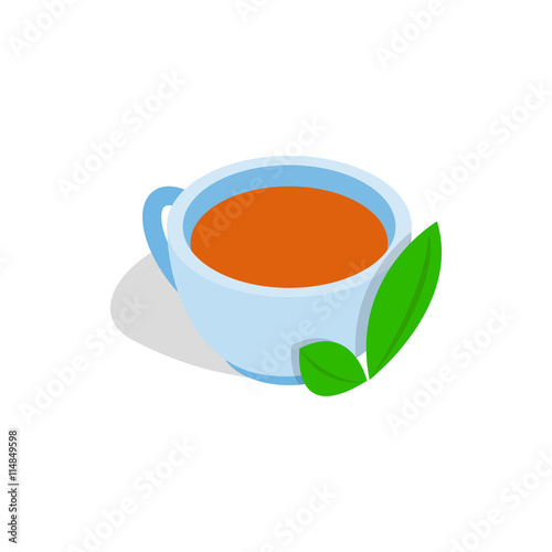 Cup of tea with mint leaf icon in isometric 3d style on a white background