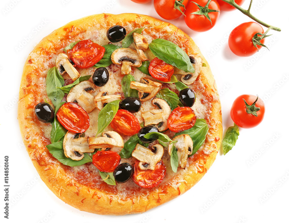 Delicious tasty pizza with vegetables, isolated on white Delicious tasty pizza with vegetables, isolated on white