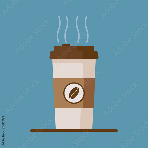 Coffee cup icon with coffee beans on blue background. Flat vector illustration