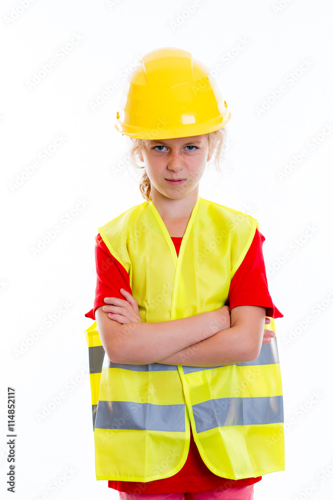blond girl with reflective vest and helmet blond girl with reflective vest and helmet