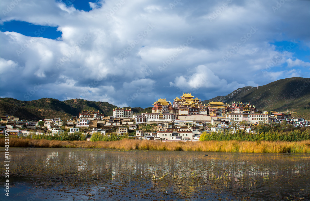 Songzanlin Monastery and the lake view foreground Songzanlin Monastery and the lake view foreground