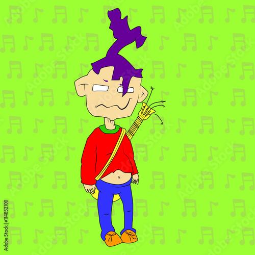 The guitarist with the weird purple hair on a green background