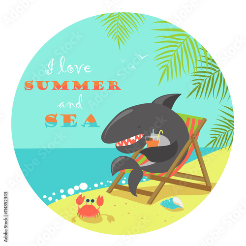 Cute shark sunbathing on deck chair