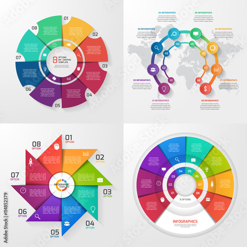 Set of four vector infographic templates. Business, education, industry, science concept with 8 values, options, parts, steps, processes.