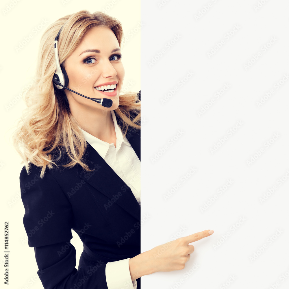 support phone operator showing blank signboard support phone operator showing blank signboard