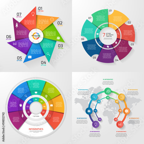 Set of four vector infographic templates. Business, education, industry, science concept with 7 values, options, parts, steps, processes.