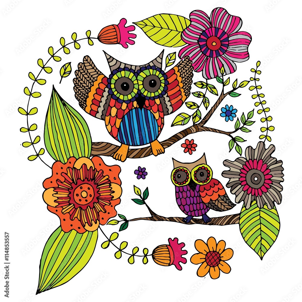 Naklejka premium Owl Coloring Doodle Set Vector