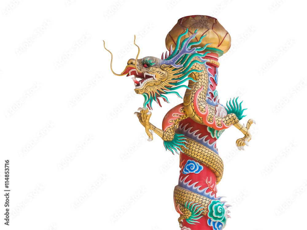 Chinese dragon statue on the pole isolated with clipping path