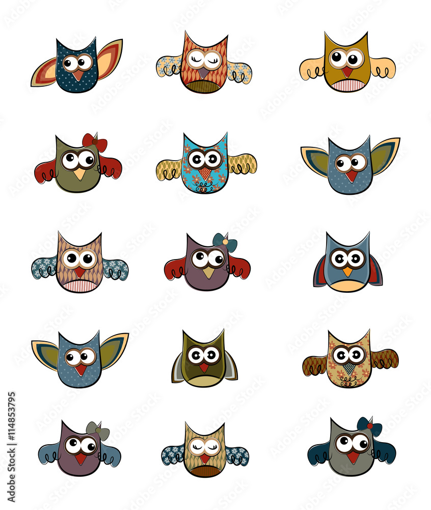 Fototapeta premium Owl Coloring Doodle Set Vector