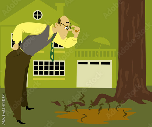 Concerned man looking at a puddle of sewage on the lawn, coming from an overflown septic tank, EPS 8 vector illustration 