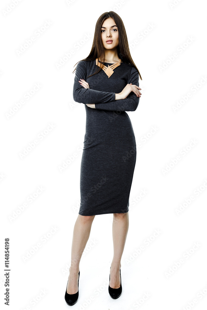 Fashion woman portrait.Woman in elegant gray dress. Studio isolated , white background . Fashion model studio poses. Fashion woman portrait.Woman in elegant gray dress. Studio isolated , white background . Fashion model studio poses.