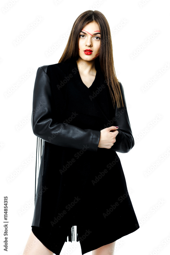 Cool millennial beautiful woman in black leather jacket with long brunette hair posing. Cool millennial beautiful woman in black leather jacket with long brunette hair posing.