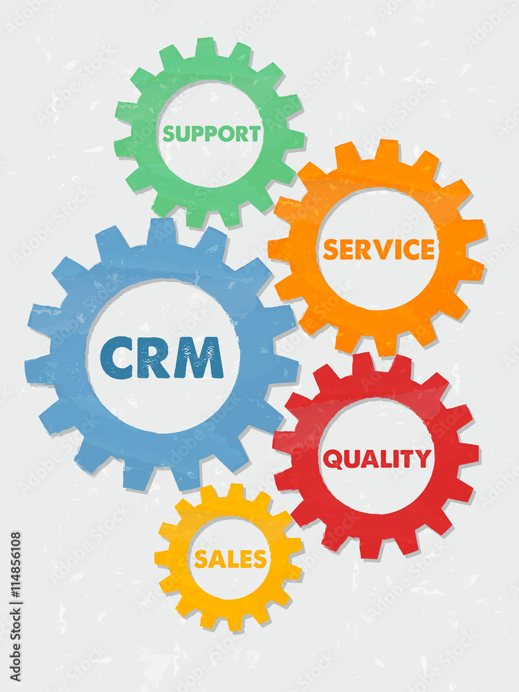 CRM and business concept words in grunge flat design gears, vect CRM and business concept words in grunge flat design gears, vect