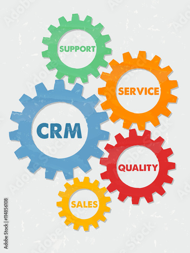 CRM and business concept words in grunge flat design gears, vect