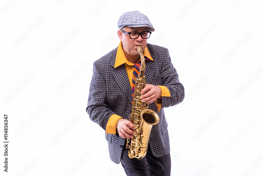 Naklejka premium Portrait of Passionate Expressive Male Alto Saxophone Player