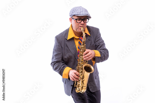 Portrait of Passionate Expressive Male Alto Saxophone Player photo