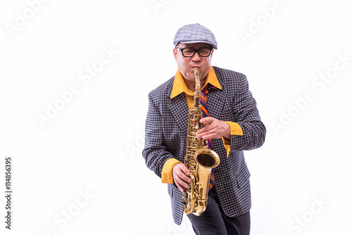 Portrait of Passionate Expressive Male Alto Saxophone Player photo