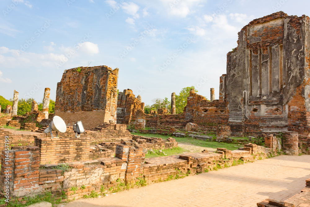 The remains of the temple ruins in Ayutthaya, Thailand.