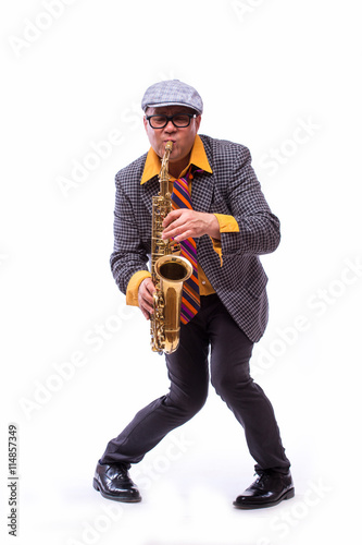 Portrait of Passionate Expressive Male Alto Saxophone Player photo