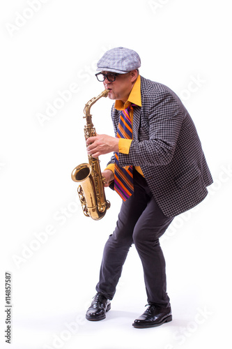 Portrait of Passionate Expressive Male Alto Saxophone Player photo