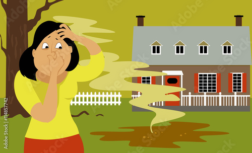 Woman standing in a backyard next to a puddle of sewage, pinching her nose, EPS 8 vector illustration
