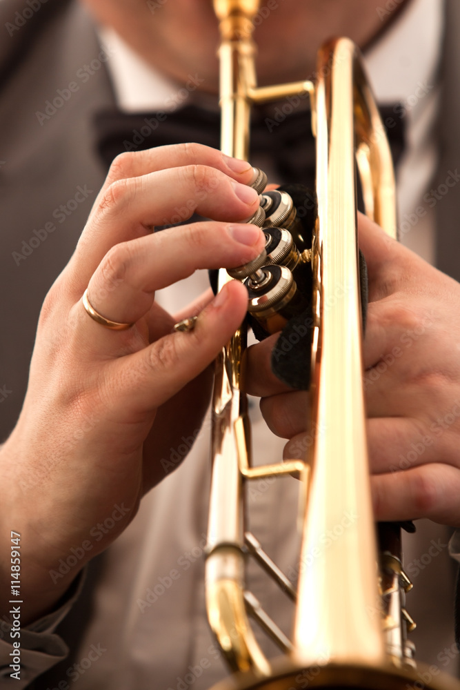 Obraz premium Hands closeup of a musician playing a trumpet