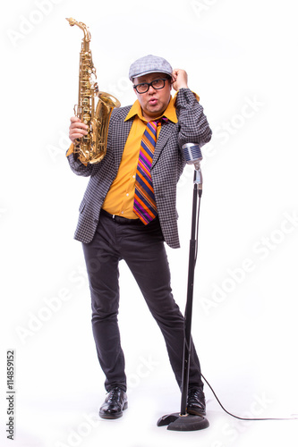 Portrait of Passionate Expressive Male Alto Saxophone Player photo