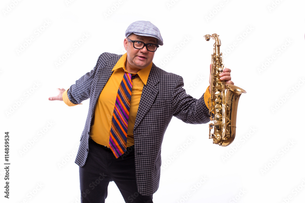 Naklejka premium Portrait of Passionate Expressive Male Alto Saxophone Player
