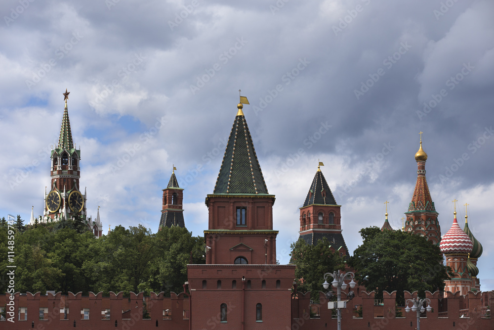 Russia, Moscow, view on Kremlin on against dramatic cloudy sky.