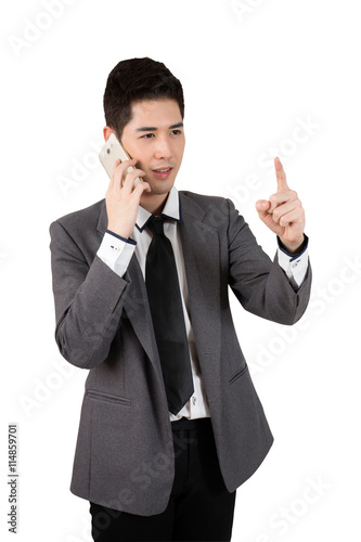 young businessman use mobile phone and finger up