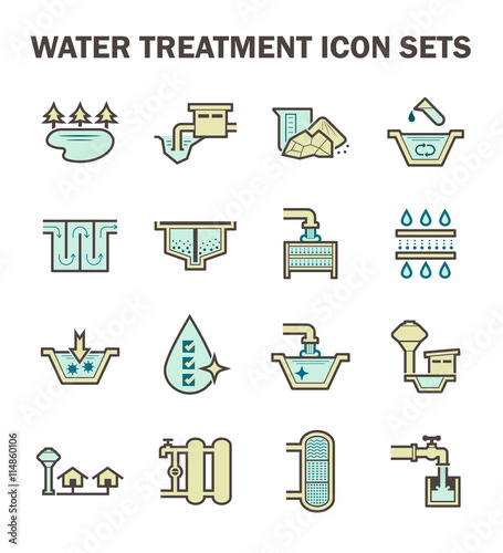 Water treatment plant and water filter and wastewater or waste water vector icon set. Purification system include. That removes sewage and sludge to improves the quality water for facility and supply.
