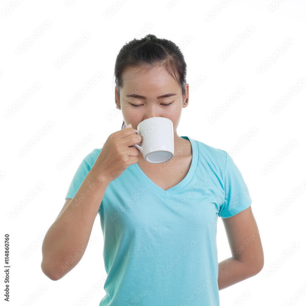 Asian woman drinking hot coffee Asian woman drinking hot coffee