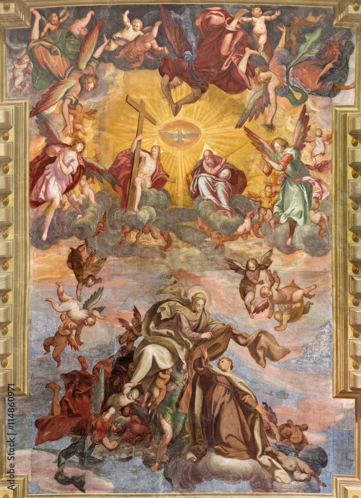 BRESCIA, ITALY - MAY 23, 2016: The fresco of Assumption of Virgin Mary on the vault ofn church Chiesa di Santa Maria del Carmine by Tommaso Sandrini  (1580 - 1630)