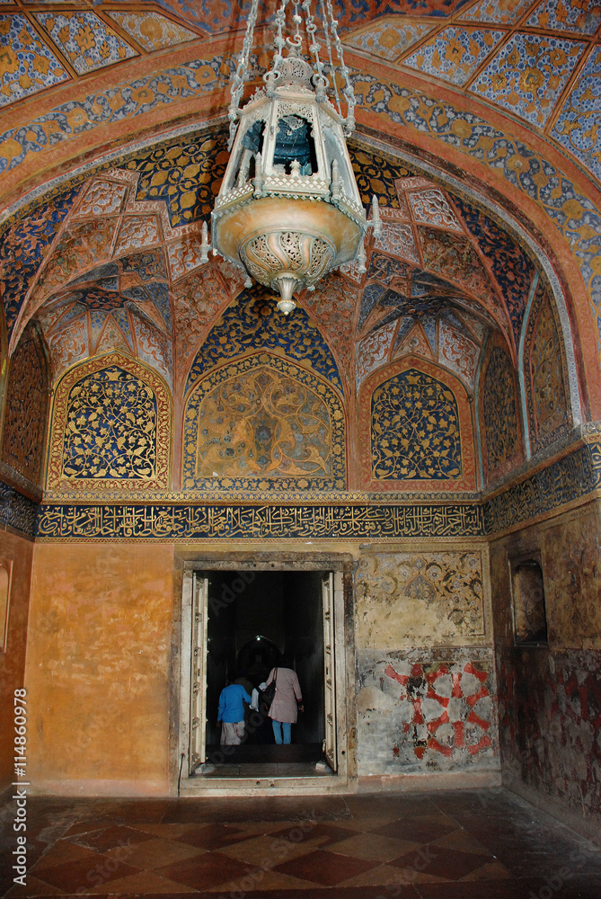 Fragment of painted wall of the first room of the main tomb in complex of Sikandra the tomb of Mughul Emperor Akbar in Agra