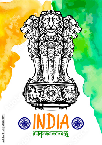 Lion capital of Ashoka in Indian flag color. Emblem of India. Watercolor texture backdrop.
