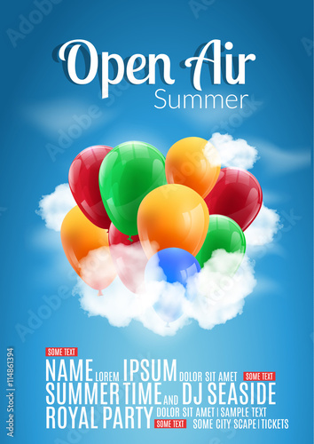 Open Air Festival Party Poster design. Flyer or poster template for Summer Open Air with colorful balloons