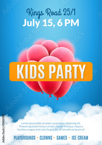 Kids party invitation design poster template. Kids fun celebration flyer