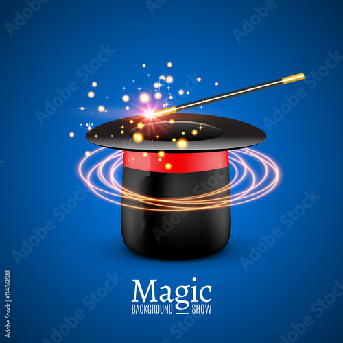 Magic Hat with Magic wand. Vector Magician perfomance. Wizzard show background