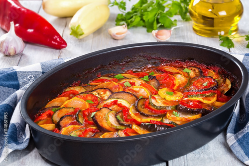Layered ratatouille in a baking dish, close up