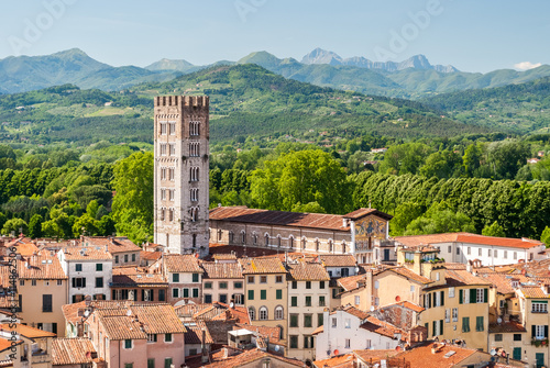 Aerial view of Lucca, in Tuscany, during a sunny afternoon; the bell tower belongs to the San Frediano church photo