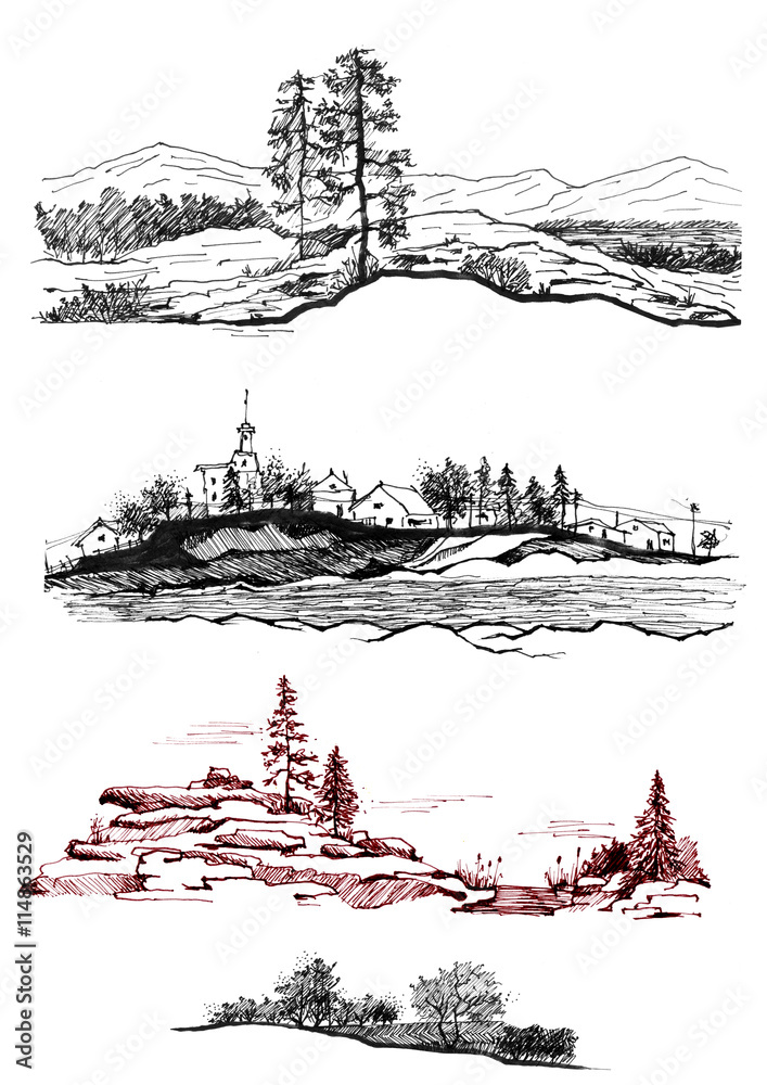 Set terrain, terrain on an isolated white background. Drawing made with ink, black liner. The images - Forest silhouette, villages, mountains, rocks, river, houses.