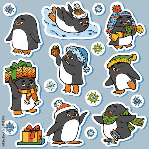 Colorful set of cute animals, family of penguins
