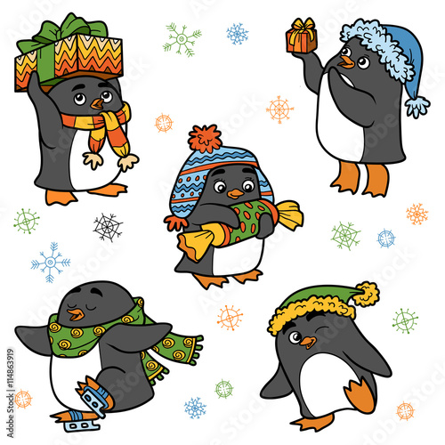 Colorful set of cute animals, family of penguins