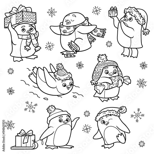 Set of animals, vector family of penguins