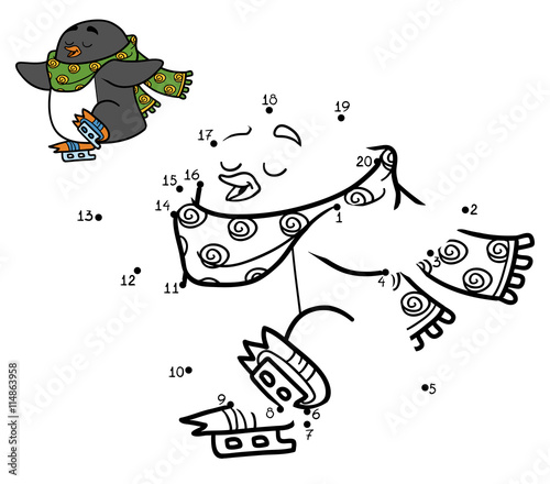 Numbers game for children, dot to dot, penguin on skates