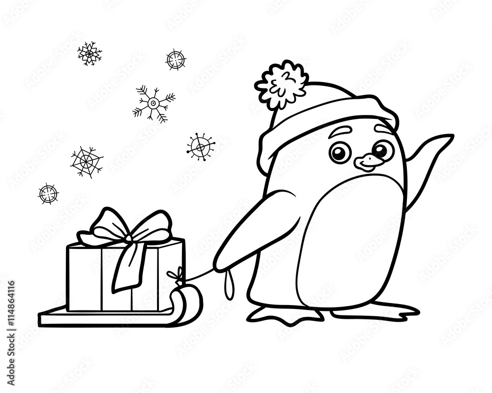 Obraz premium Kolorowanka, pingwin z prezentem na Boże Narodzenie