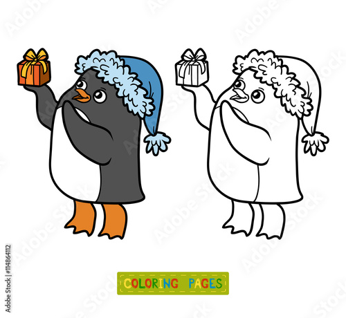 Coloring book, penguin with christmas gift