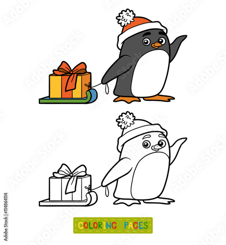 Coloring book, penguin with christmas gift