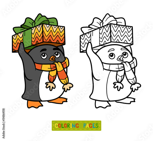 Coloring book, penguin with christmas gift